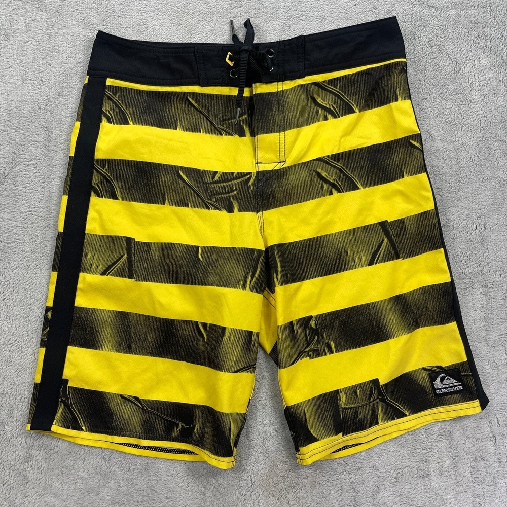 Quiksilver Cypher‎ Board Shorts Mens 30 Yellow Black Striped Logo 4-Way Stretch